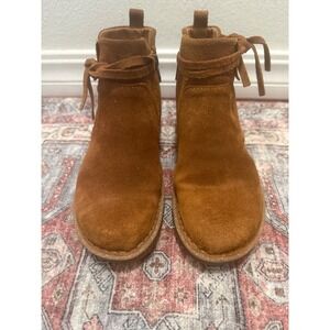 Born Suede Ankle Boots Cognac Brown Wedge Zip Booties with Tie Detail size 8